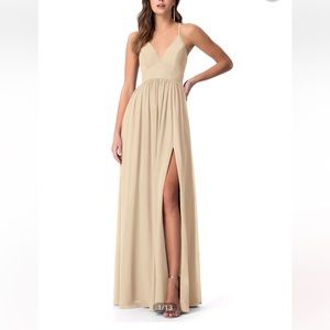 Azazie Beige Spaghetti-Strap V-Neck Wedding Dress with Thigh Slit